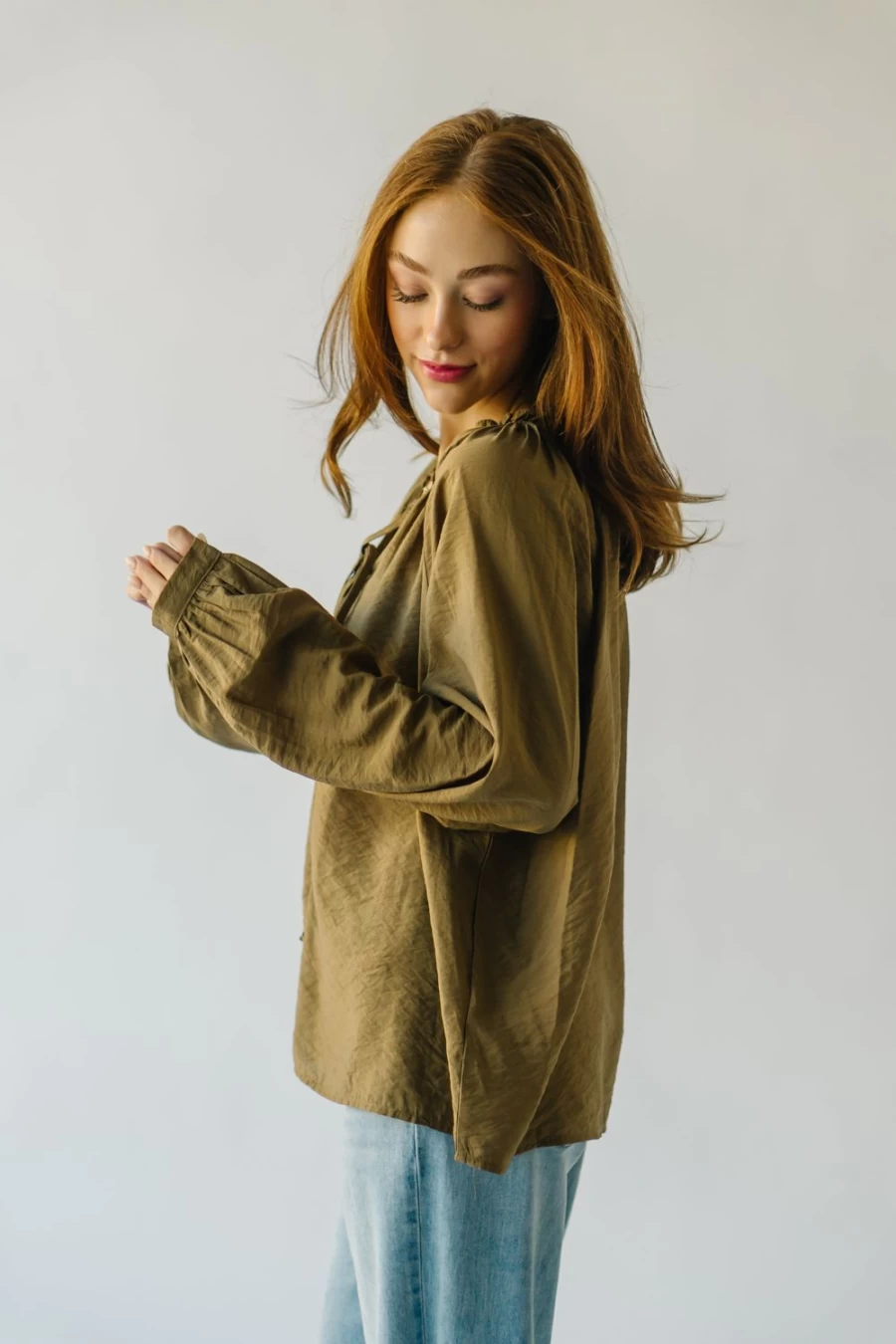 Piper & Scoot Women's Olive Delmar Blouse with Ruffle Detail