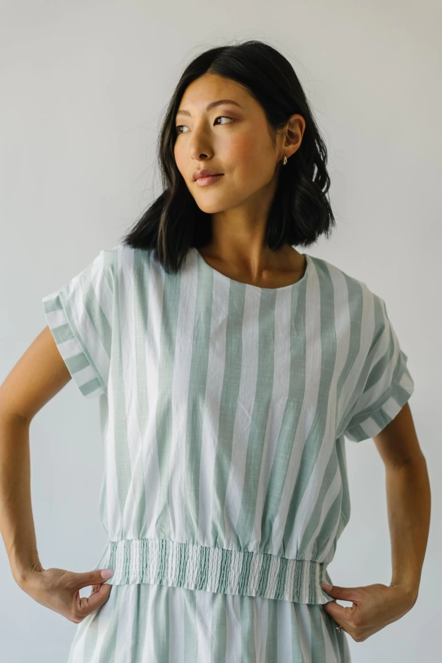 Piper & Scoot Women's Sage Striped Hamburg Button Detail Blouse