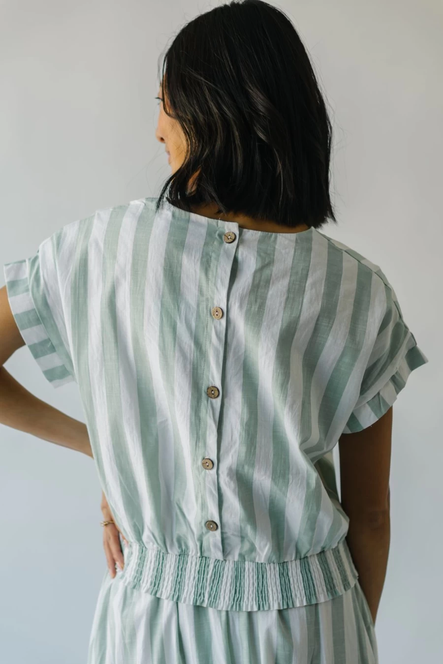 Piper & Scoot Women's Sage Striped Hamburg Button Detail Blouse