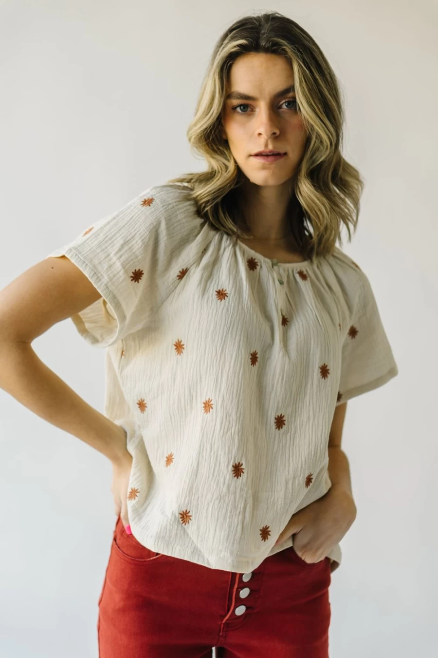 Piper & Scoot Women's Bernice Cream Floral Embroidered Blouse