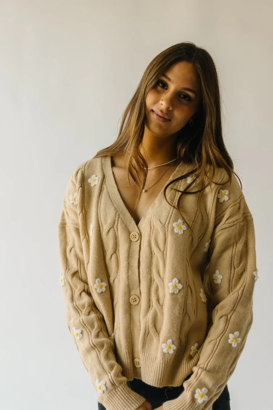 Piper & Scoot Women's Tammie Taupe Cable Knit Floral Cardigan Sweater