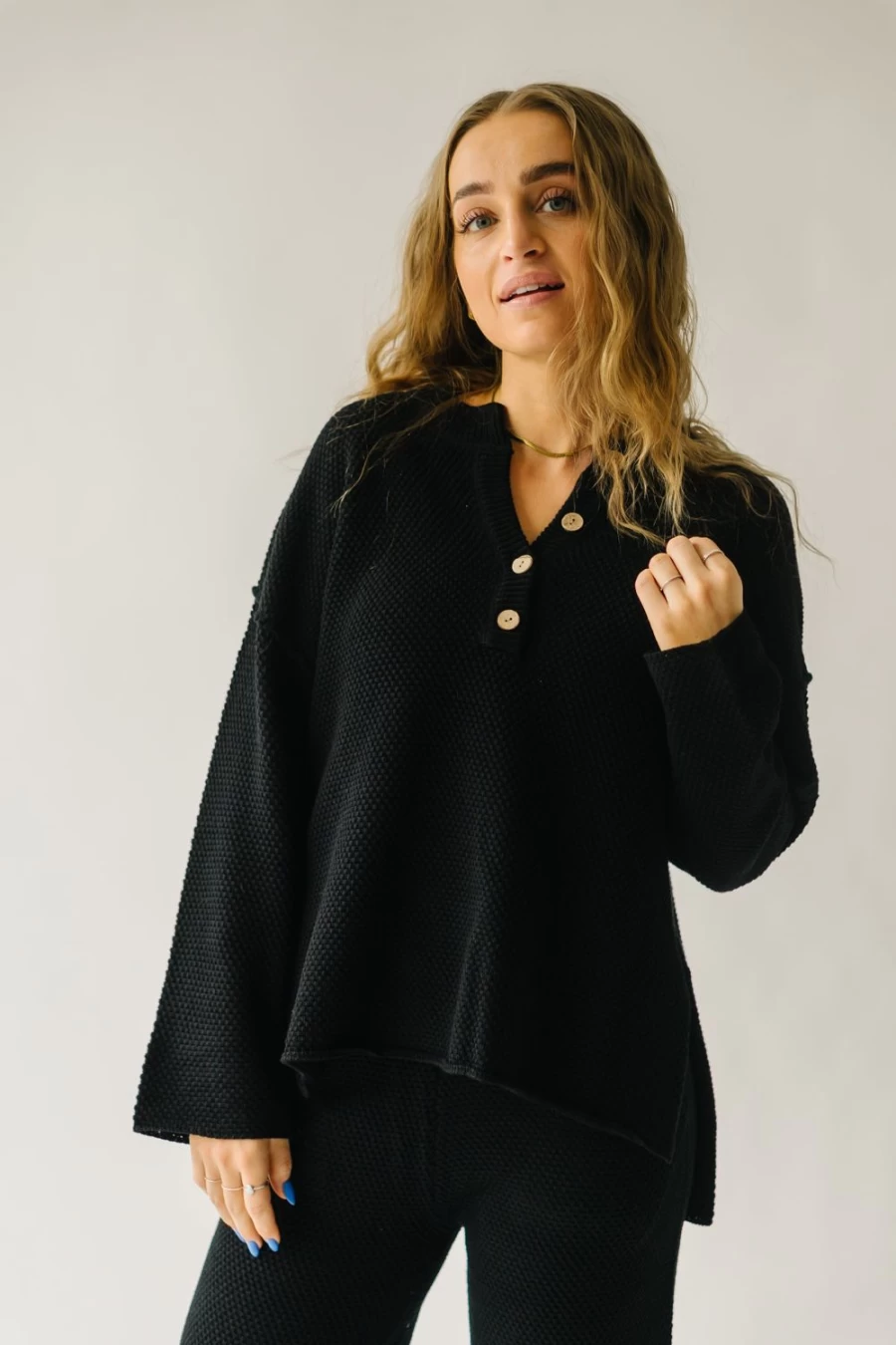 Piper & Scoot Women's Picard Black Button Detail Sweater