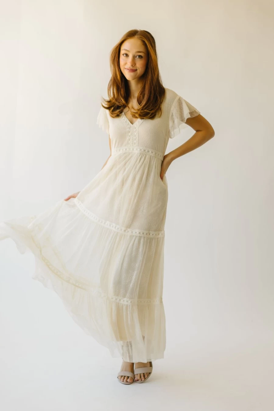 Piper & Scoot Women's Ivory Darlene Lace Detail Maxi Dress - Elegant Long Formal Gown
