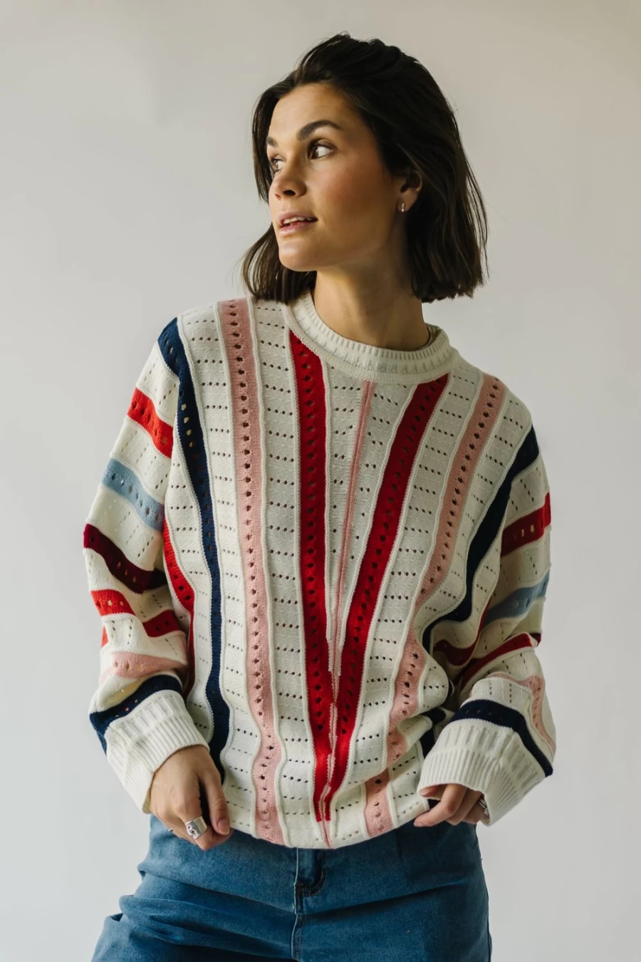 Piper & Scoot Women's Addie Ivory Multi Striped Knit Sweater