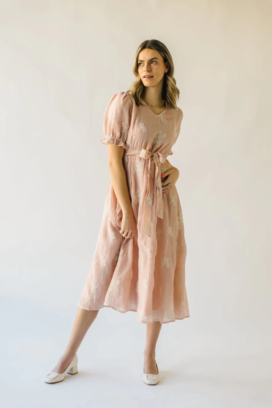 Piper & Scoot Women's Blush V-Neck Embroidered Midi Dress - Floral Lace Boho Chic Style