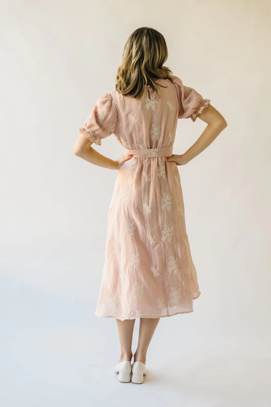 Piper & Scoot Women's Blush V-Neck Embroidered Midi Dress - Floral Lace Boho Chic Style