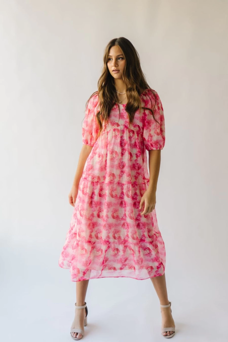 Piper & Scoot Women's Pink Floral Sardoni Patterned Midi Dress