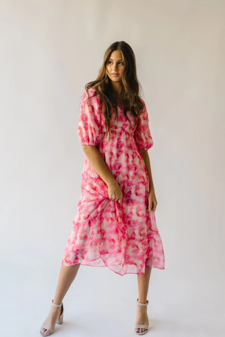 Piper & Scoot Women's Pink Floral Sardoni Patterned Midi Dress