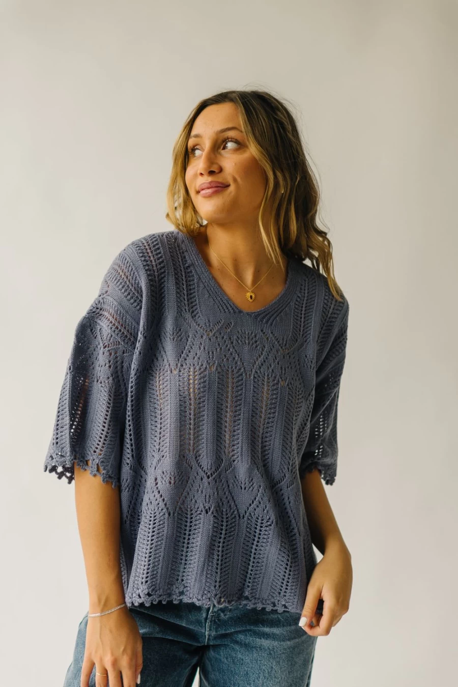 Piper & Scoot Women's Dusty Blue V-Neck Batcher Sweater