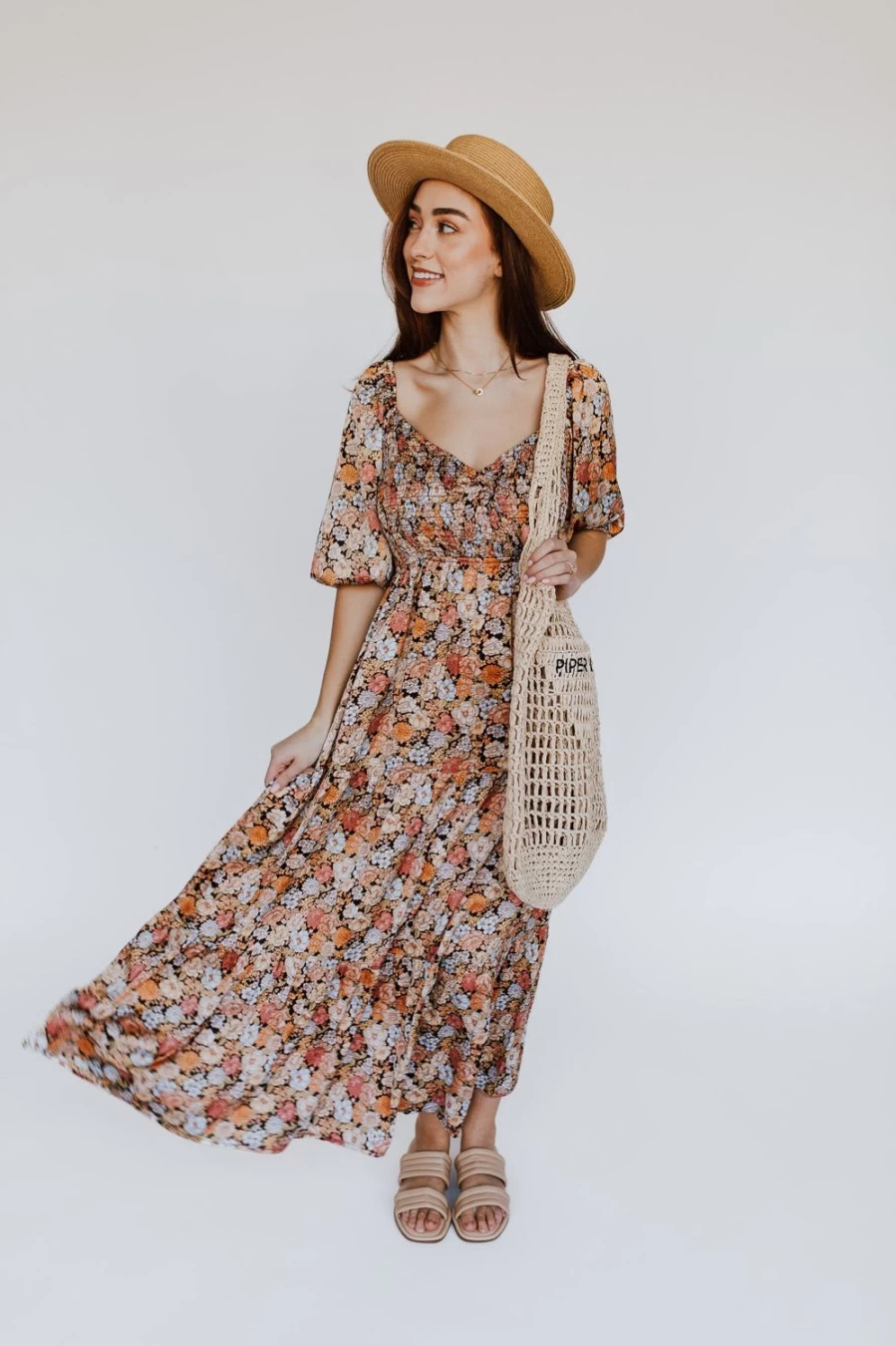 Piper & Scoot Women's Wellborn Smocked Maxi Dress - Black Multi Floral Boho Summer Beach Dress
