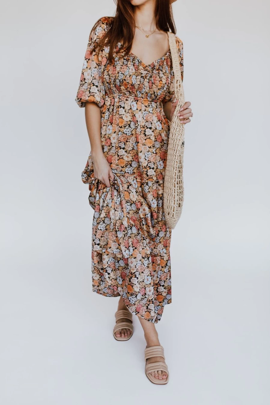 Piper & Scoot Women's Wellborn Smocked Maxi Dress - Black Multi Floral Boho Summer Beach Dress