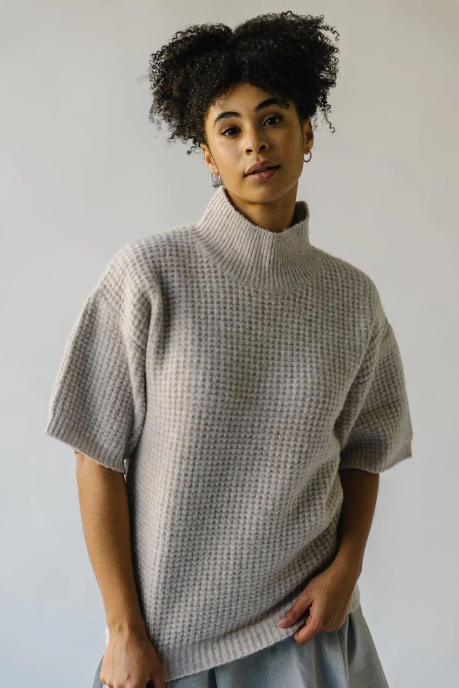 Piper & Scoot Women's Swiney Waffle Knit Mock Neck Blouse in Sand - Soft Casual Tunic Top