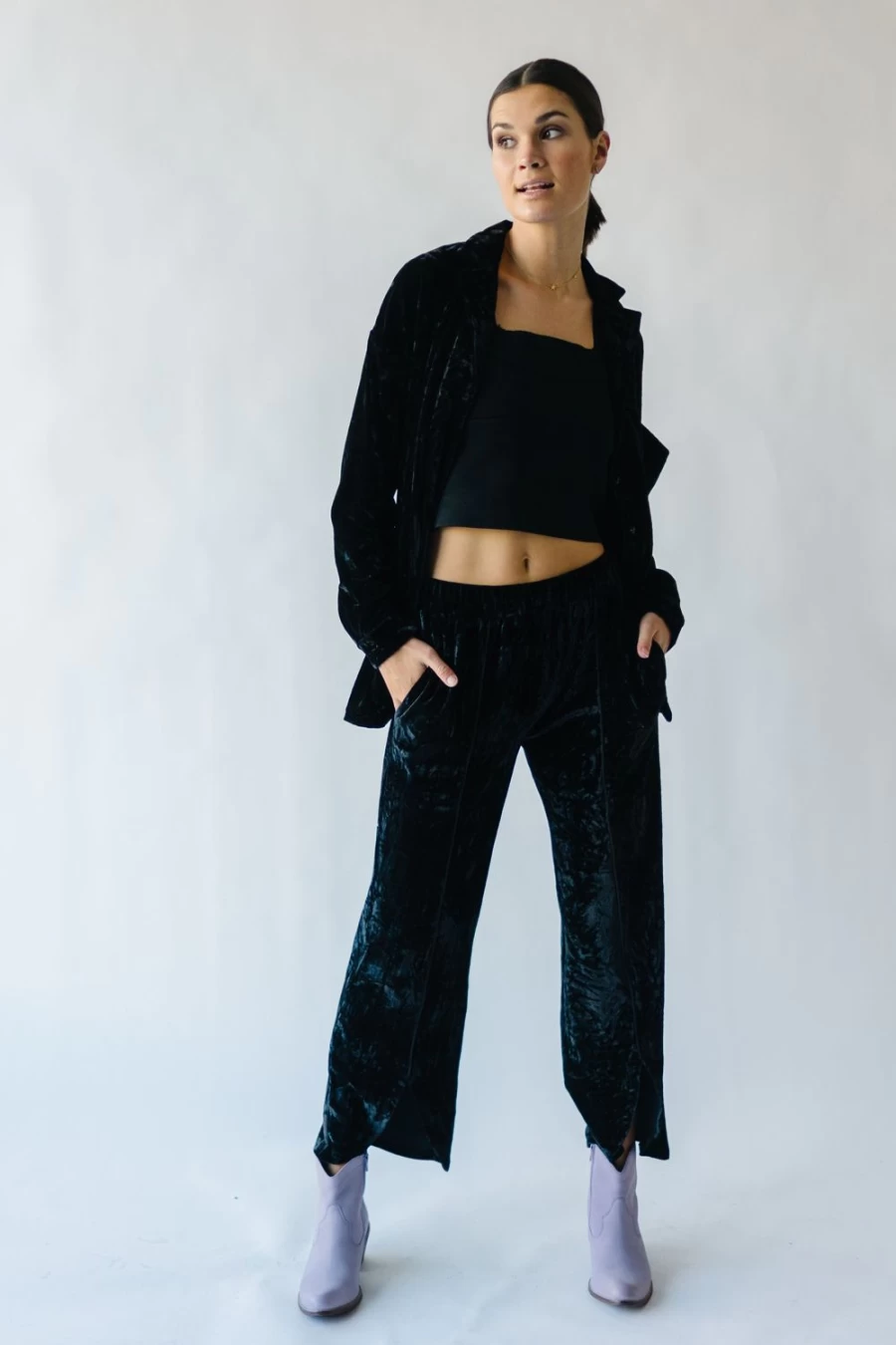 Piper & Scoot Women's Hannon Velvet Pants - Black Luxurious High-Waisted Trousers