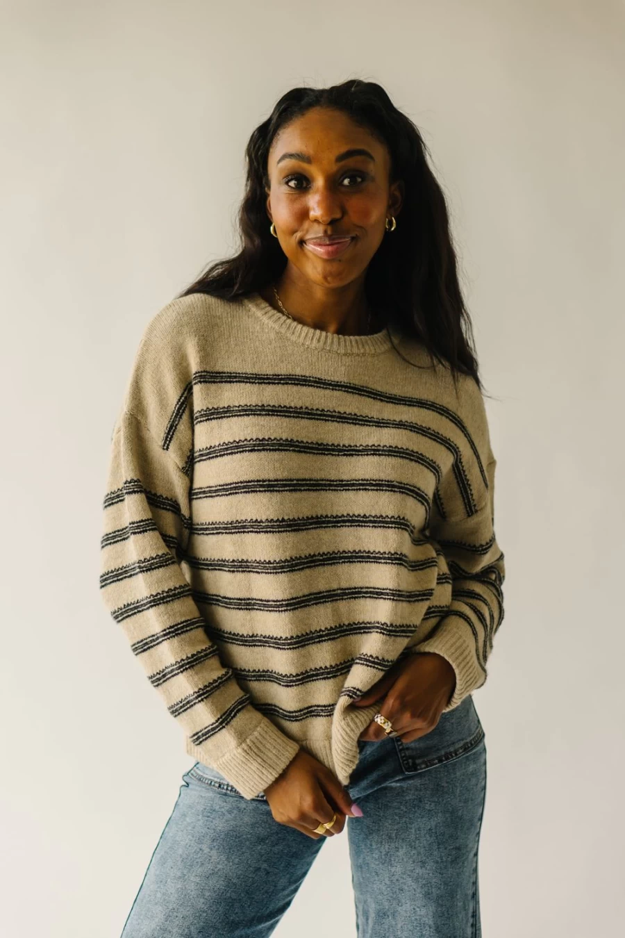 Piper & Scoot Women's Taupe Striped Sweater - Peosta Cozy Knit Top