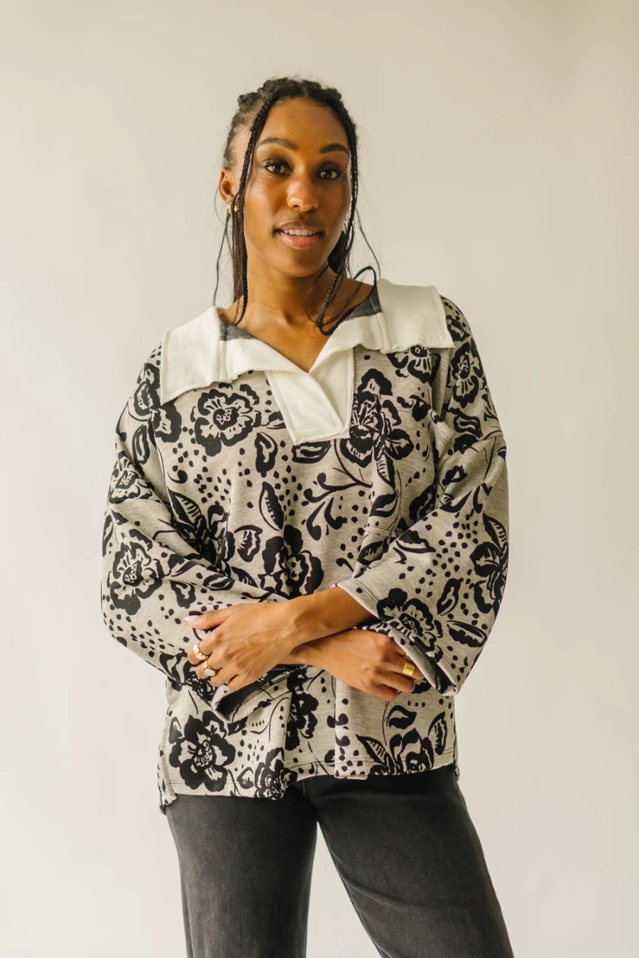 Piper & Scoot Women's Ellery Gray & Black Floral Collared Pullover Sweater