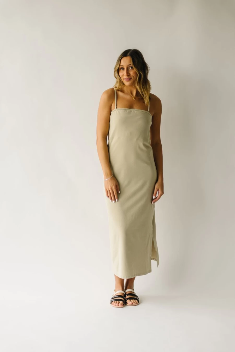Piper & Scoot Women's Belinda Knit Midi Dress in Khaki - Comfortable Stylish Tank Dress