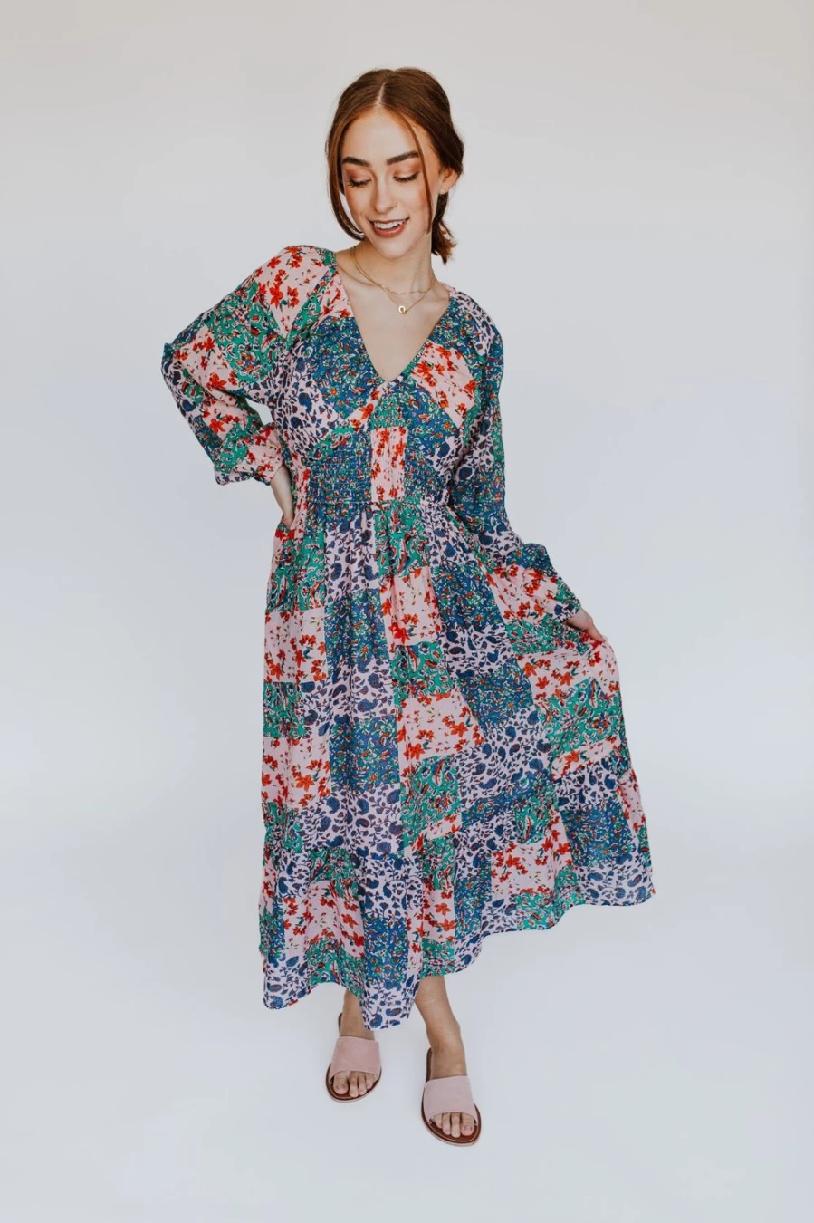 Piper & Scoot Women's Pink and Blue Floral Laken Maxi Dress - Patterned Long Dress