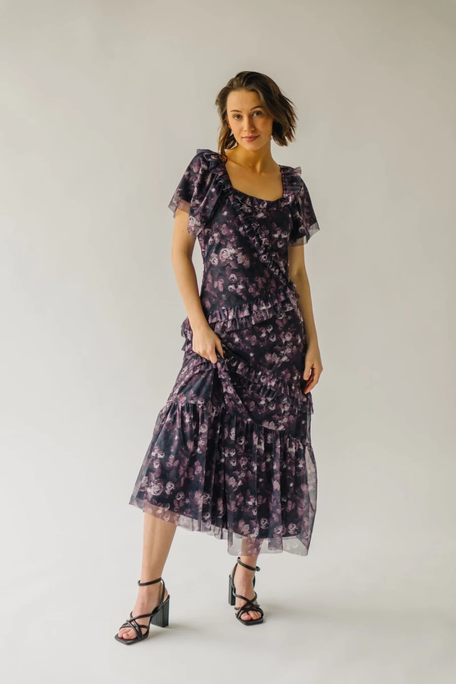 Piper & Scoot Women's Floral Print Raw Edge Black Multi Dress