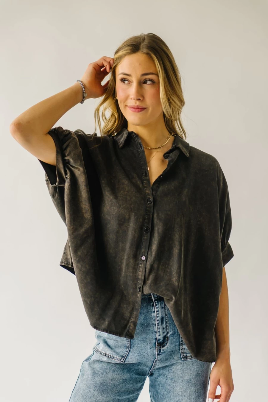 Piper & Scoot Women's Lowen Oversized Button-Up Blouse - Washed Black Relaxed Shirt