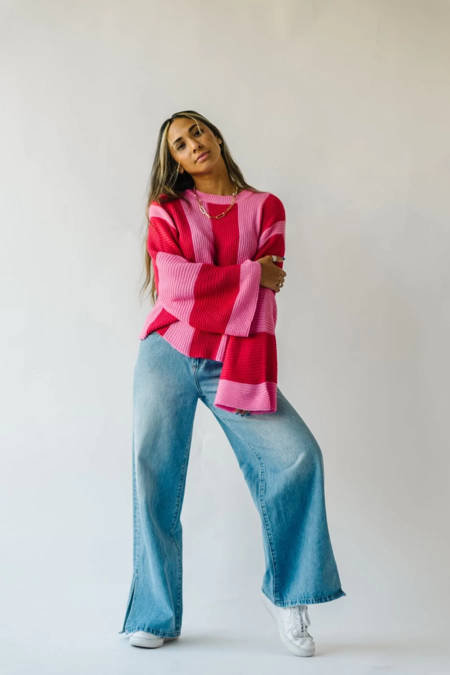 Piper & Scoot Women's Pink Striped Tiffin Sweater