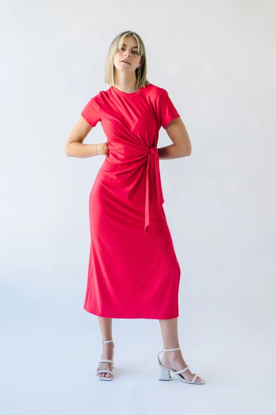 Piper & Scoot Women's Cortina Tie Detail Midi Dress in Lipstick - Elegant Floral Print Summer Dress