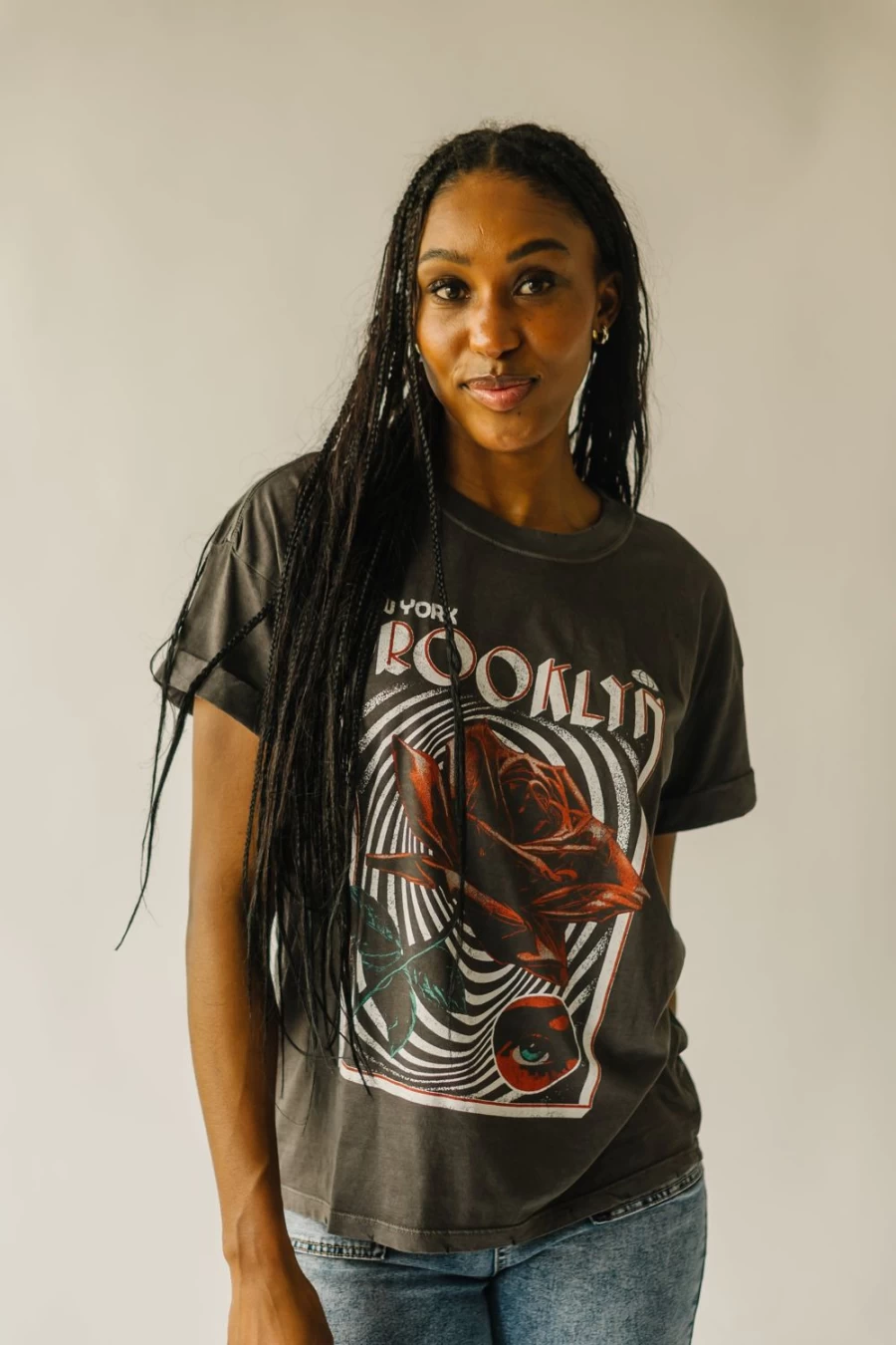 "Piper & Scoot Women's Vintage Black Brooklyn Rose Graphic Tee"