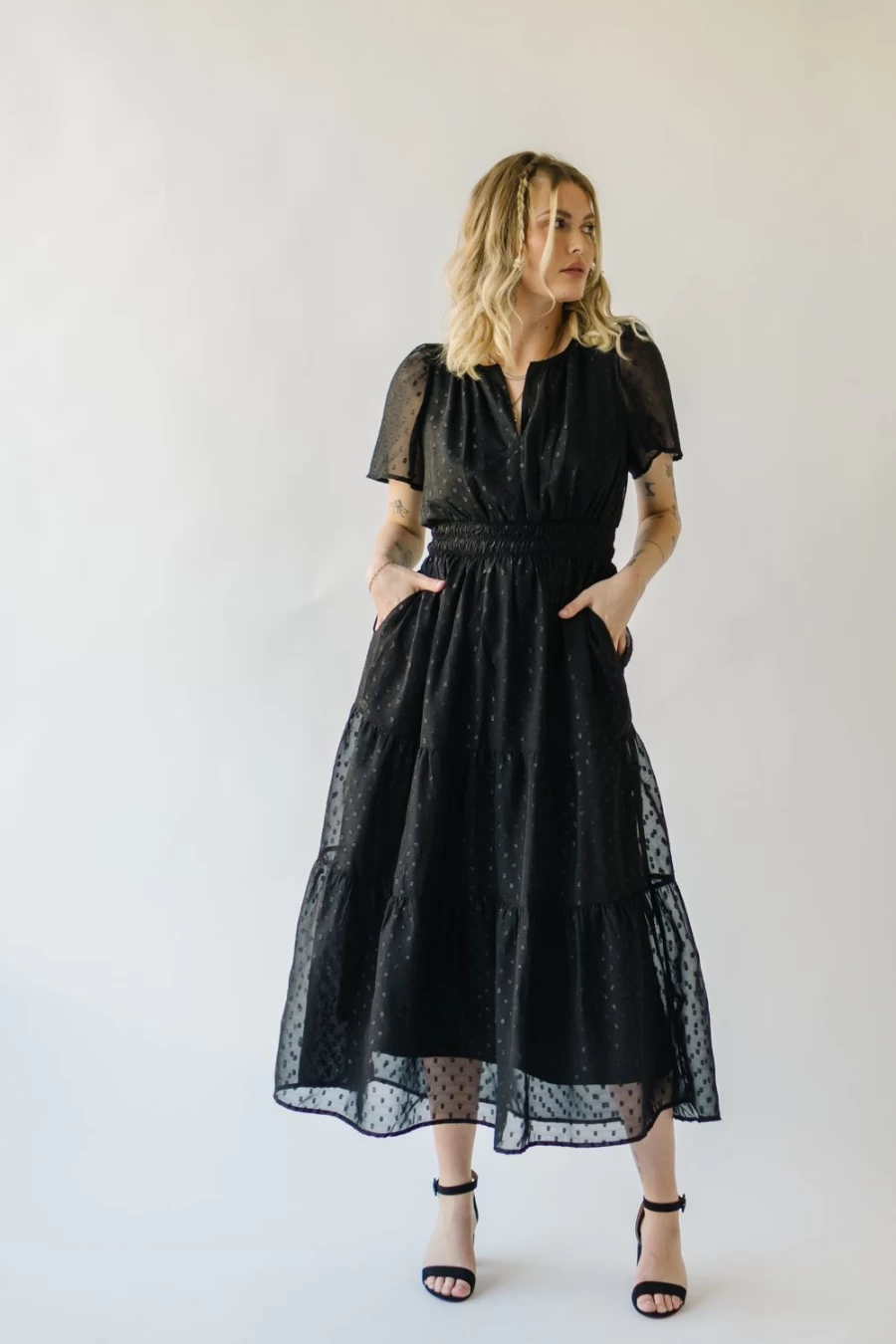 Piper & Scoot Women's Hobson Black Metallic Tiered Midi Dress