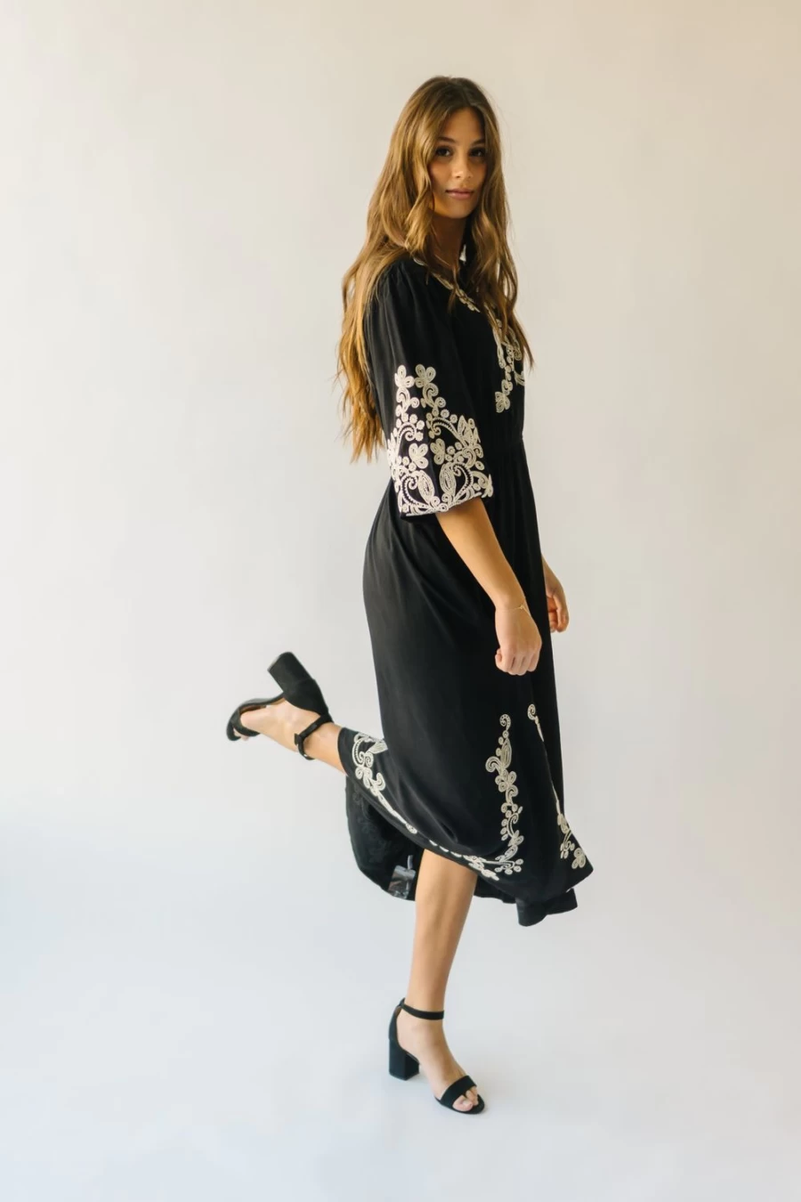 Piper & Scoot Women's Black Embroidered Midi Dress - Trimble Design