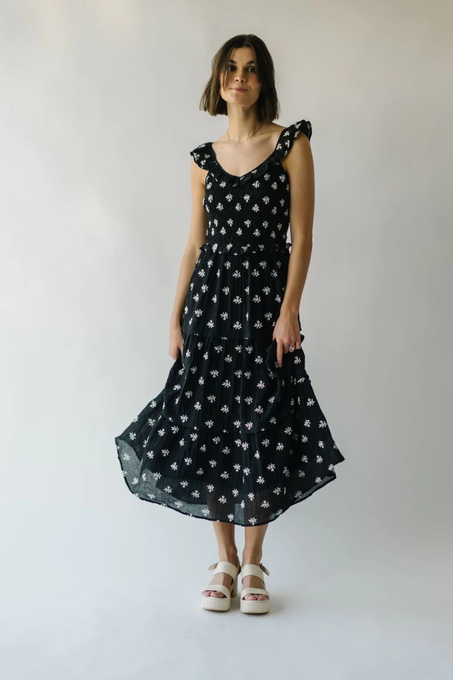 Piper & Scoot Women's Allard Black Embroidered Midi Dress - Elegant Floral Detail Formal Wear