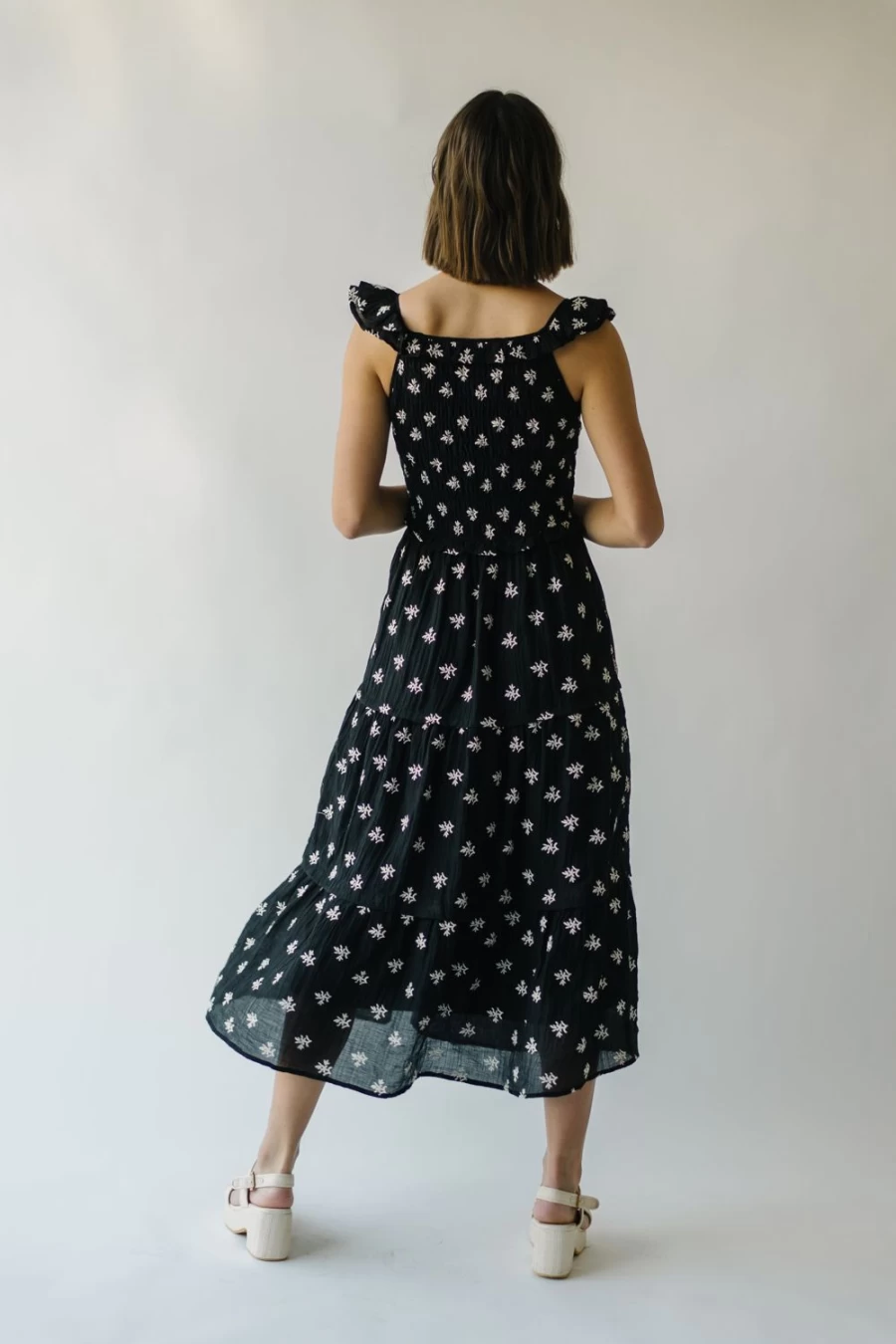 Piper & Scoot Women's Allard Black Embroidered Midi Dress - Elegant Floral Detail Formal Wear