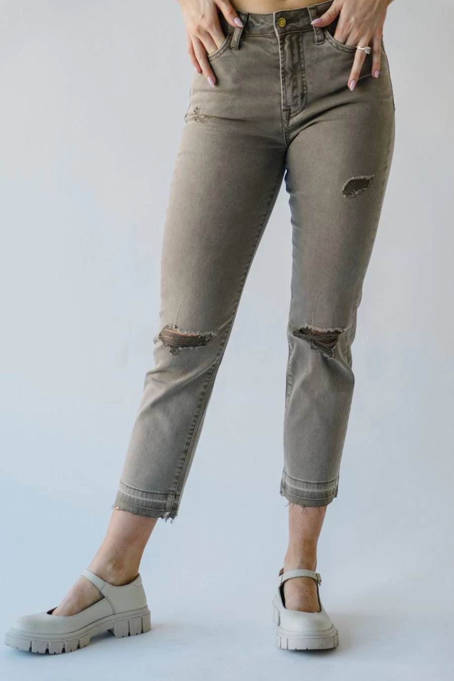 "Piper & Scoot Women's Augusta Super High Rise Straight Jeans in Taupe Denim"