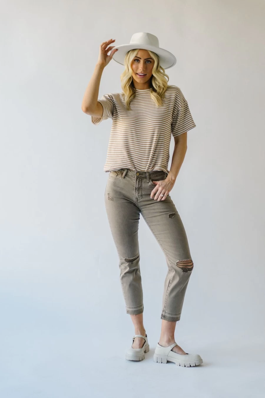 "Piper & Scoot Women's Augusta Super High Rise Straight Jeans in Taupe Denim"