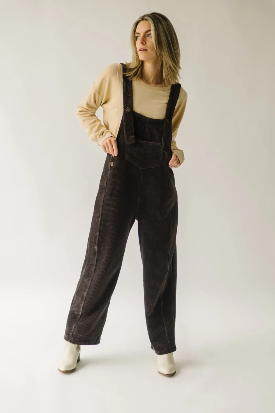 Piper & Scoot Women's Davison Washed Black Corduroy Overalls