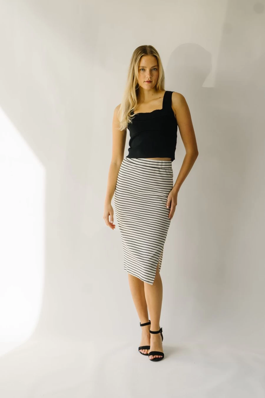 Piper & Scoot Women's Black & Ivory Sumner Striped Midi Skirt - Classic Casual Style