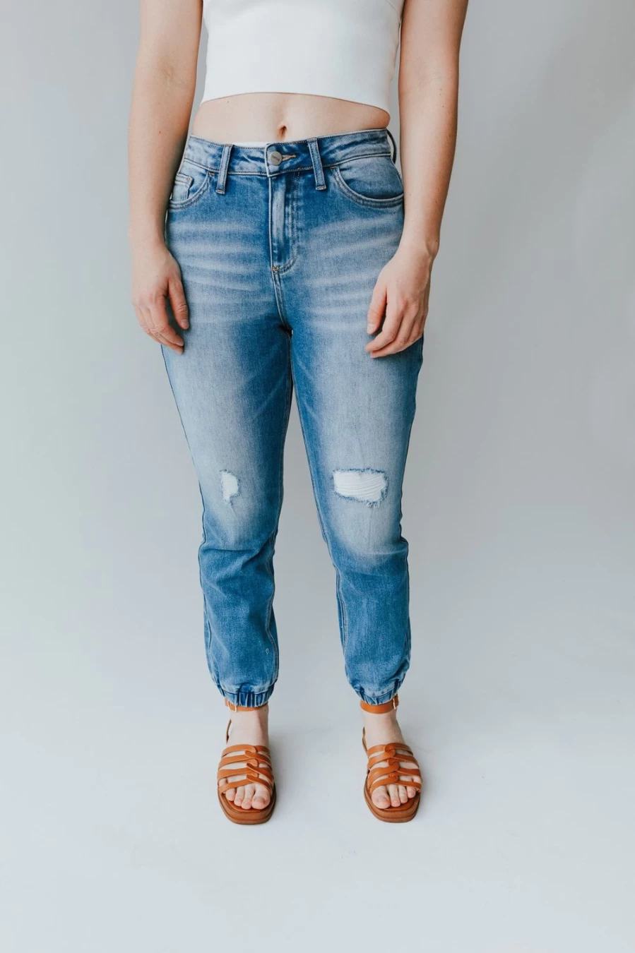 "Piper & Scoot Women's Palma High Rise Denim Jogger in Medium Blue"