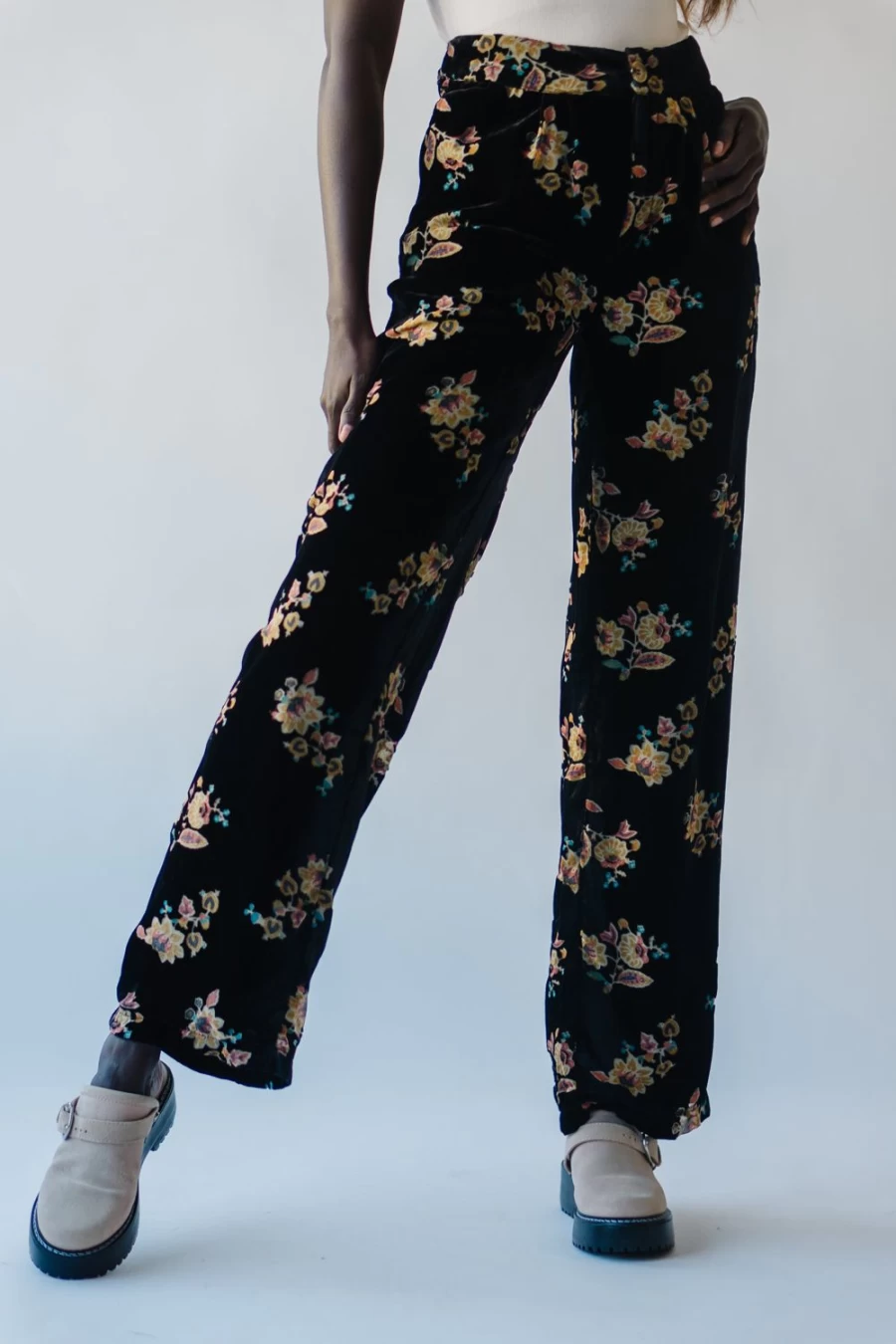 Piper & Scoot Women's Wingate Black Velvet Floral Trousers