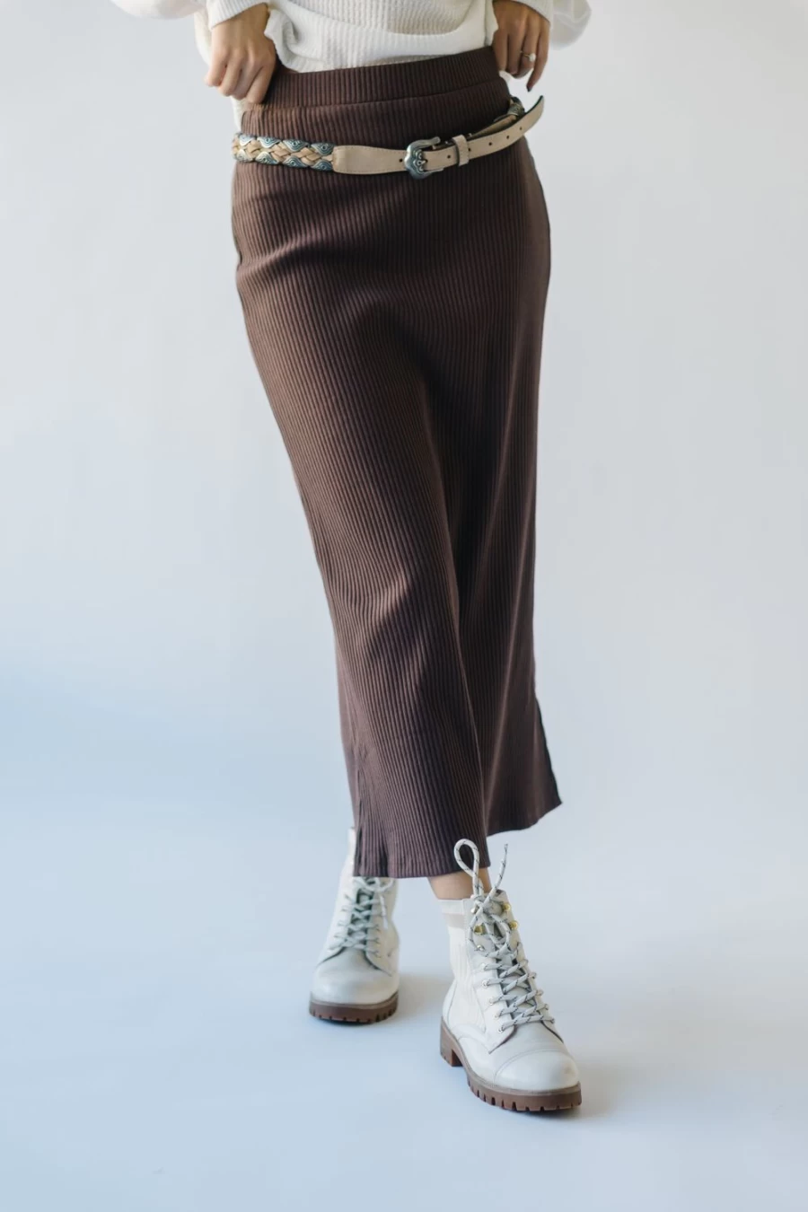 Piper & Scoot Women's Delphi Ribbed Midi Skirt in Chocolate Brown