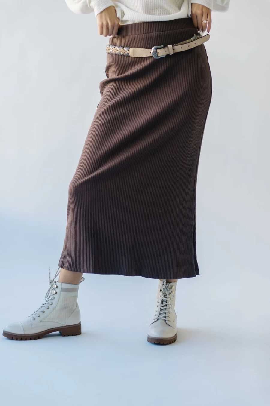Piper & Scoot Women's Delphi Ribbed Midi Skirt in Chocolate Brown
