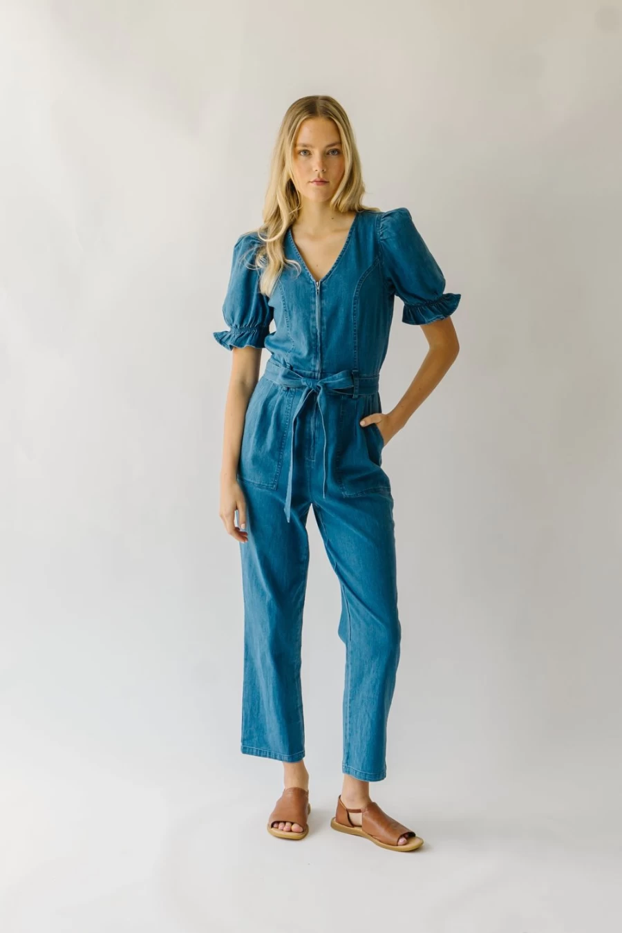Piper & Scoot Women's Denim Roxand Puff Sleeve Jumpsuit - Stylish Blue Overalls