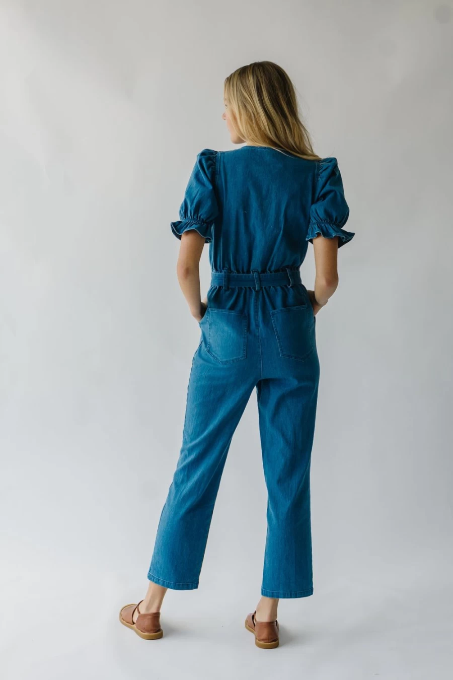 Piper & Scoot Women's Denim Roxand Puff Sleeve Jumpsuit - Stylish Blue Overalls