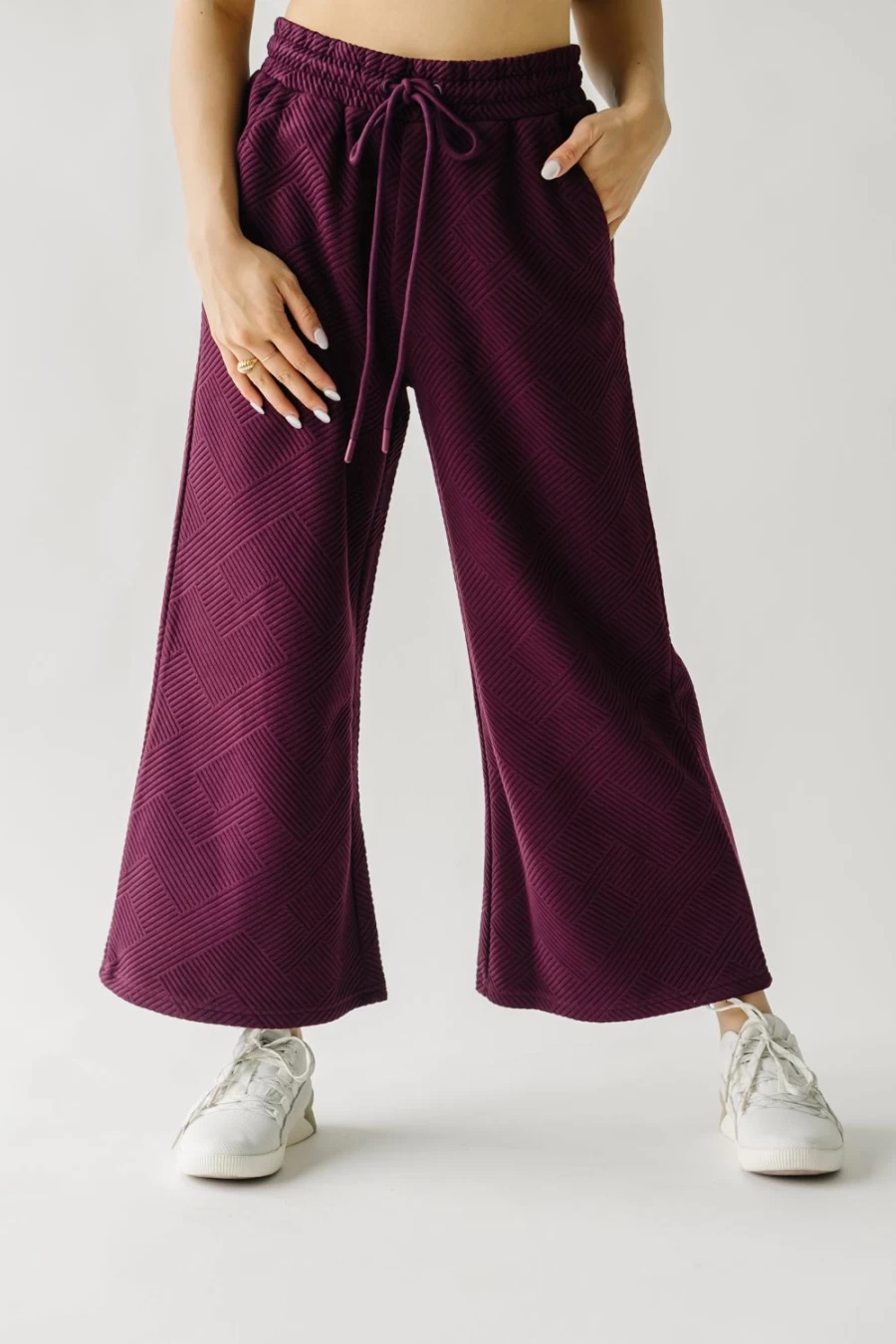 Piper & Scoot Women's Ronnie Textured Wide Leg Pants in Plum - High Waisted Comfort Trousers