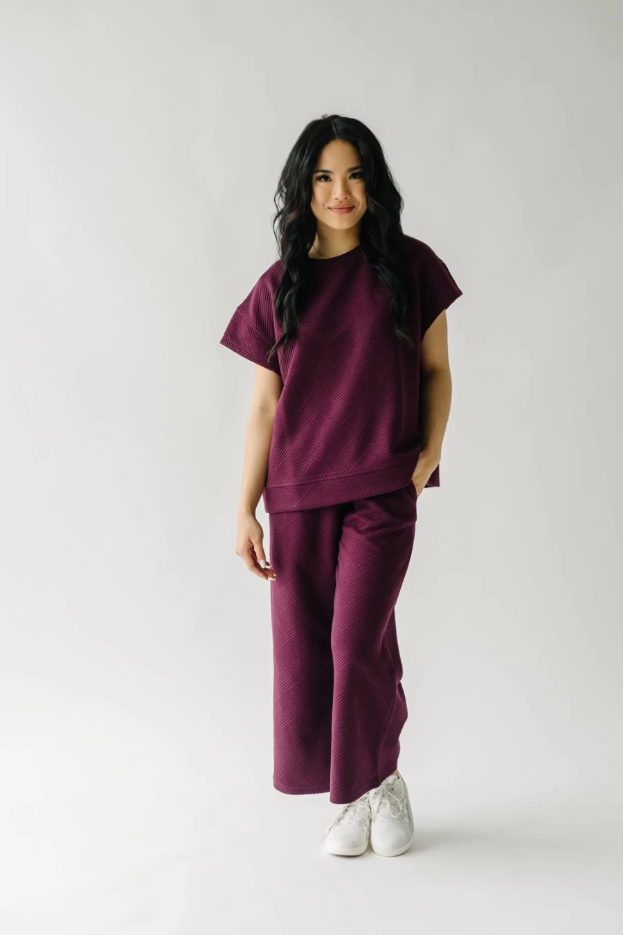 Piper & Scoot Women's Ronnie Textured Wide Leg Pants in Plum - High Waisted Comfort Trousers