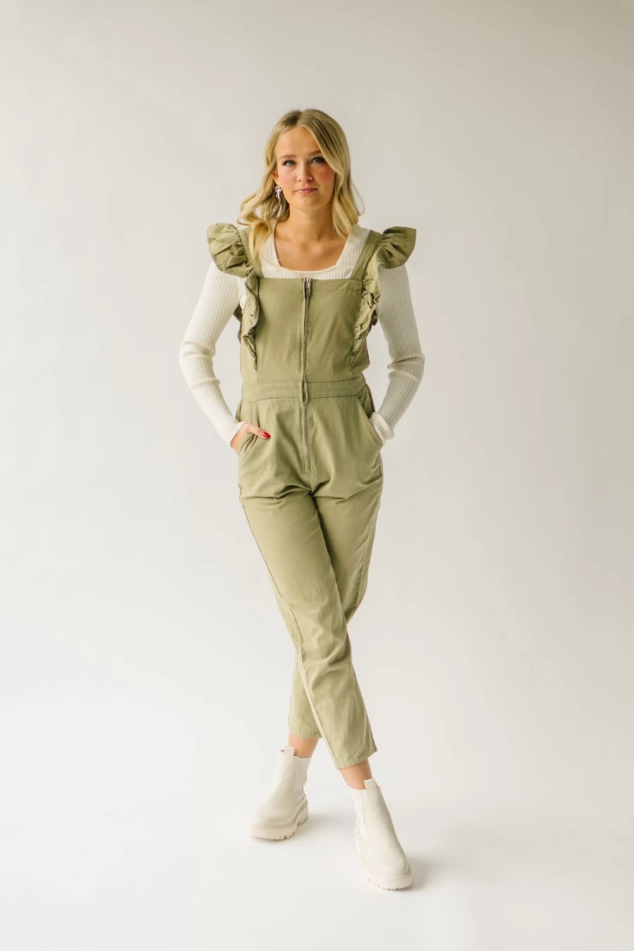 Piper & Scoot Women's Olive Zenger Ruffle Sleeve Jumpsuit - Stylish One-Piece Romper