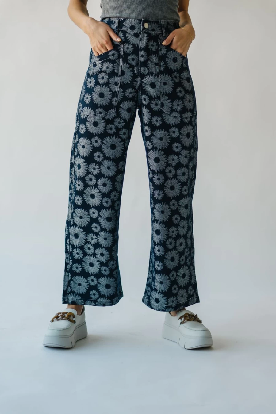Piper & Scoot Women's Delano Navy Floral Denim Pants