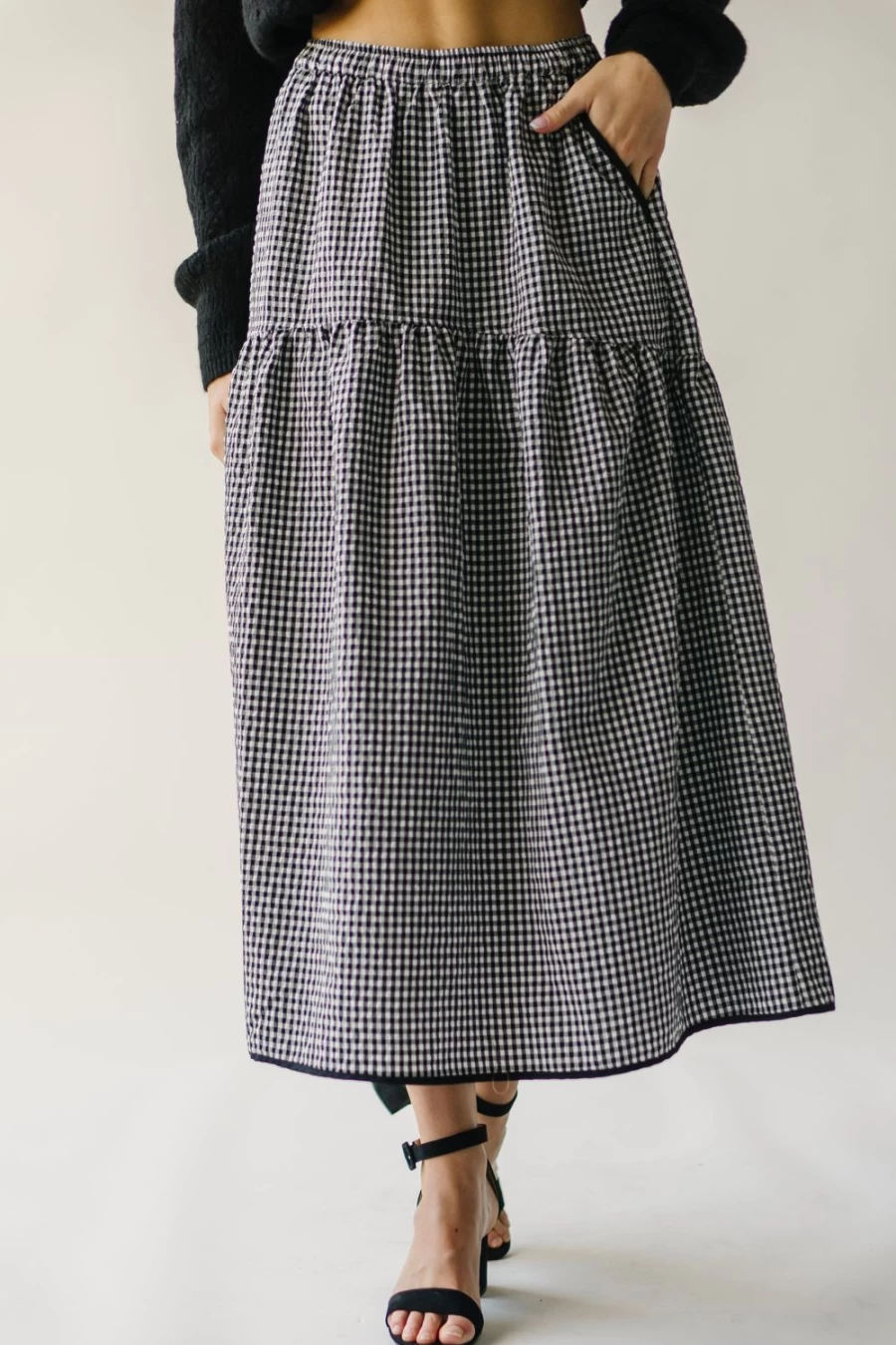 Piper & Scoot Women's Black Wasco Gingham Maxi Skirt - Classic Checkered Long Skirt