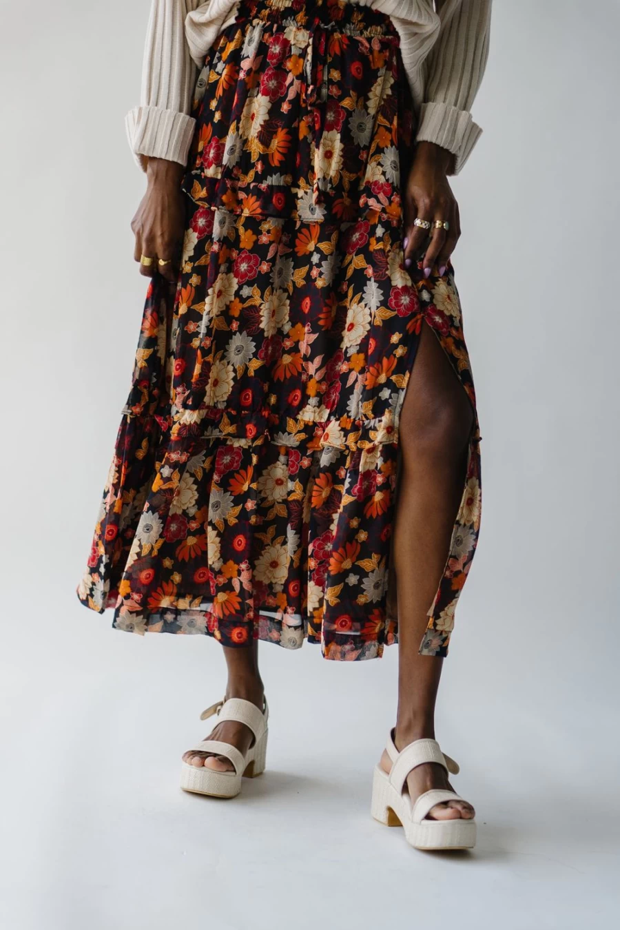 Piper & Scoot Women's Bayless Tiered Maxi Skirt - Midnight Bloom Floral Print Long Skirt