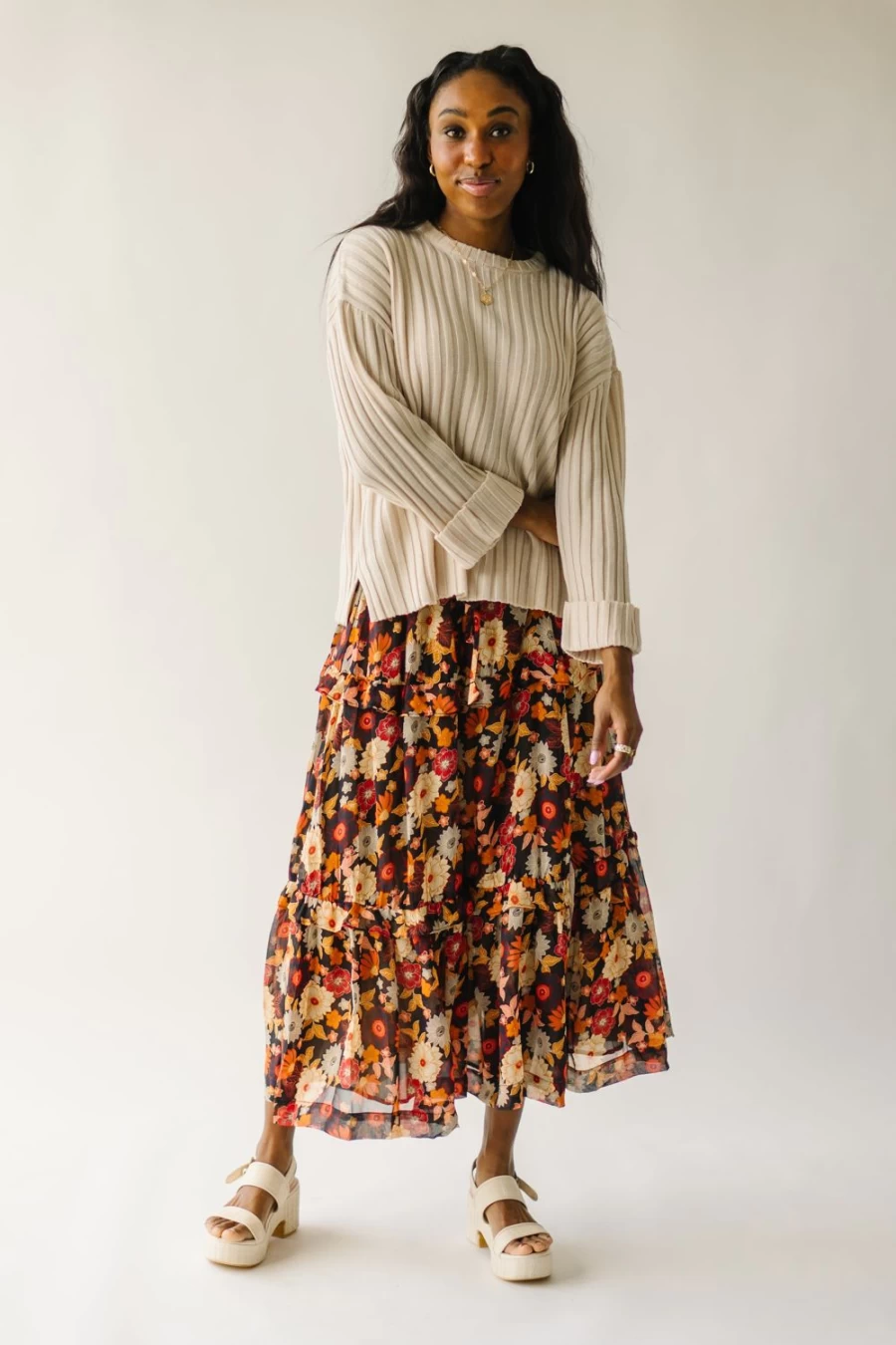 Piper & Scoot Women's Bayless Tiered Maxi Skirt - Midnight Bloom Floral Print Long Skirt