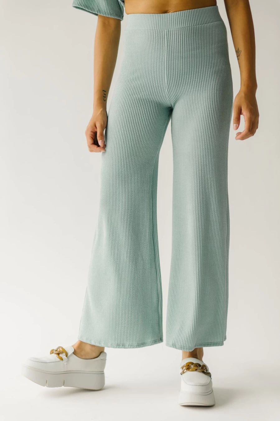Piper & Scoot Women's Sage Ribbed Wide Leg Pants - Swift High Waist Trousers