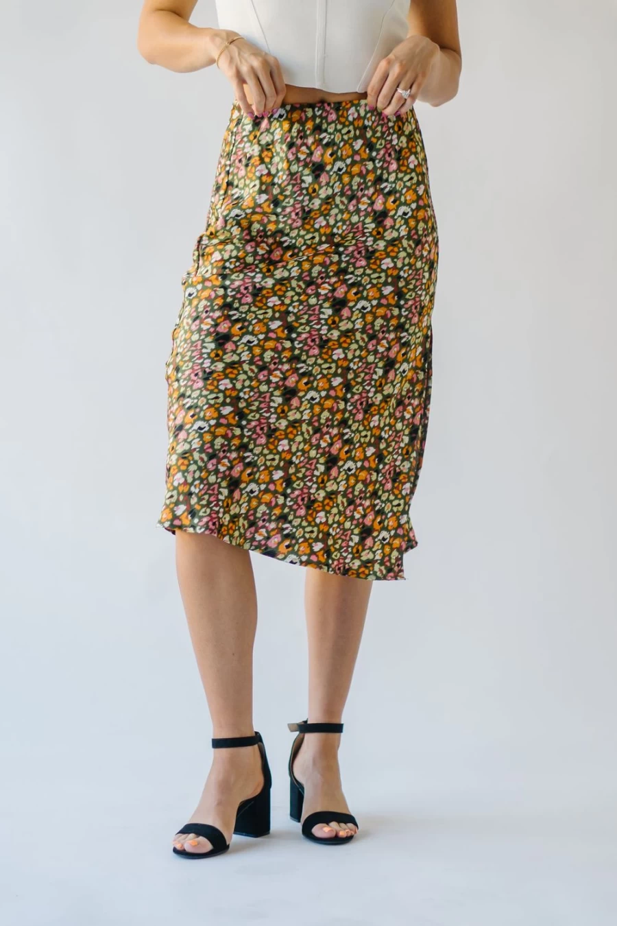 Piper & Scoot Women's Olive Satin Durand Skirt - Elegant Midi Length