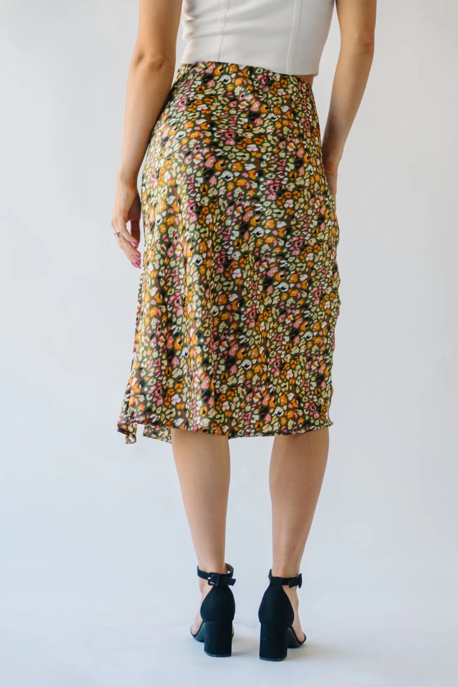 Piper & Scoot Women's Olive Satin Durand Skirt - Elegant Midi Length